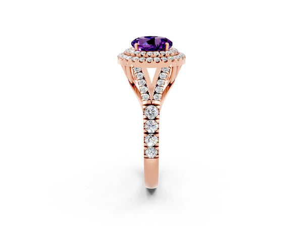 Rose gold Round Cut Amethyst Double Halo Ring with Split Shank and Prong Setting
