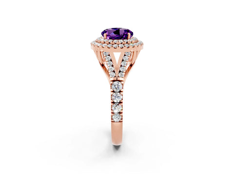 Rose gold Round Cut Amethyst Double Halo Ring with Split Shank and Prong Setting_14