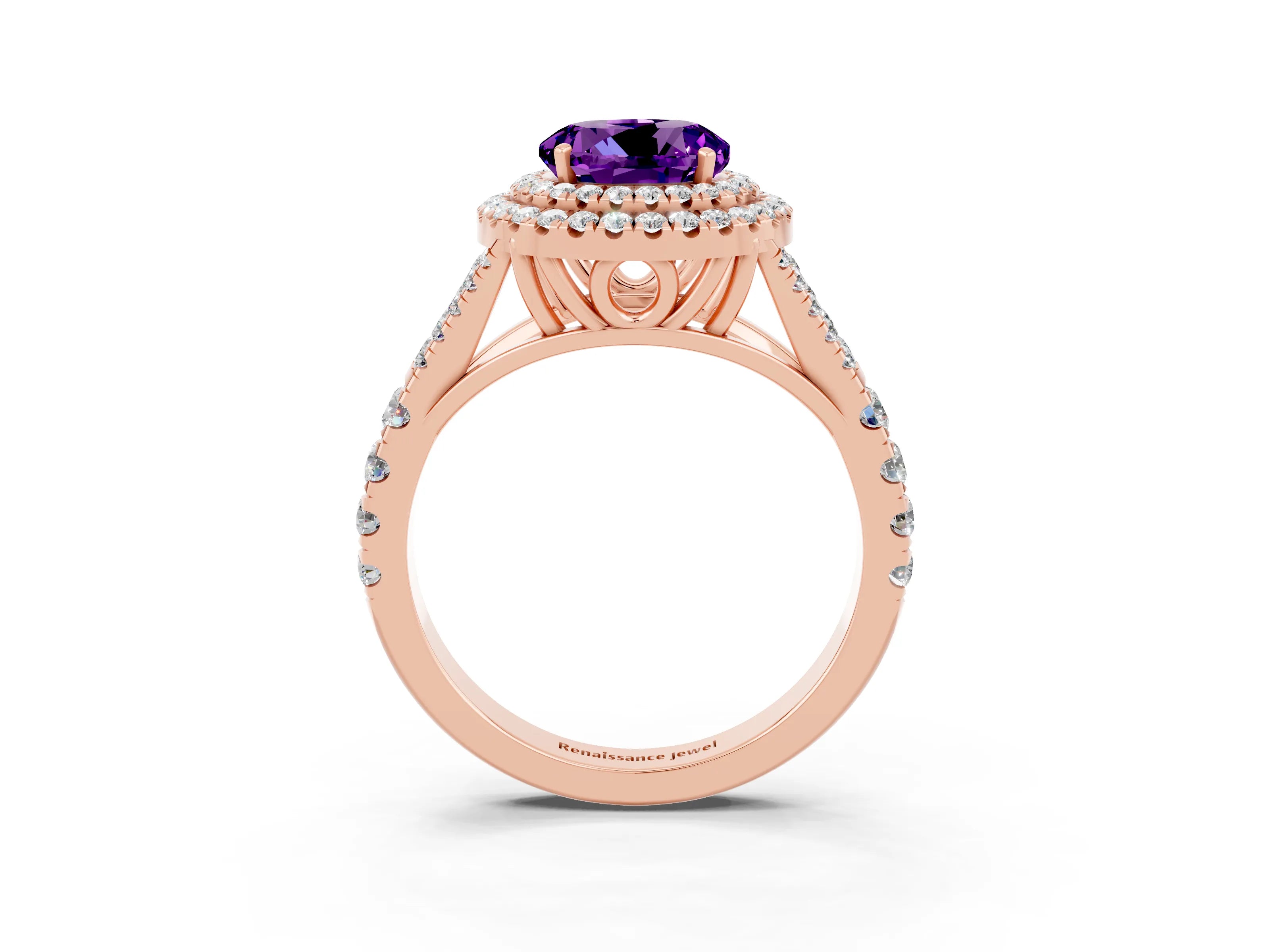 Rose gold Round Cut Amethyst Double Halo Ring with Split Shank and Prong Setting_15