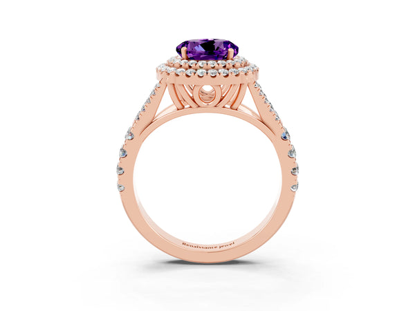 Rose gold Round Cut Amethyst Double Halo Ring with Split Shank and Prong Setting