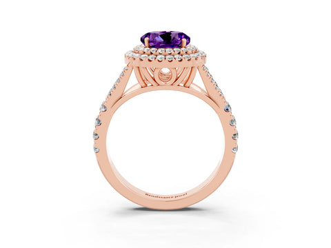 Rose gold Round Cut Amethyst Double Halo Ring with Split Shank and Prong Setting_15