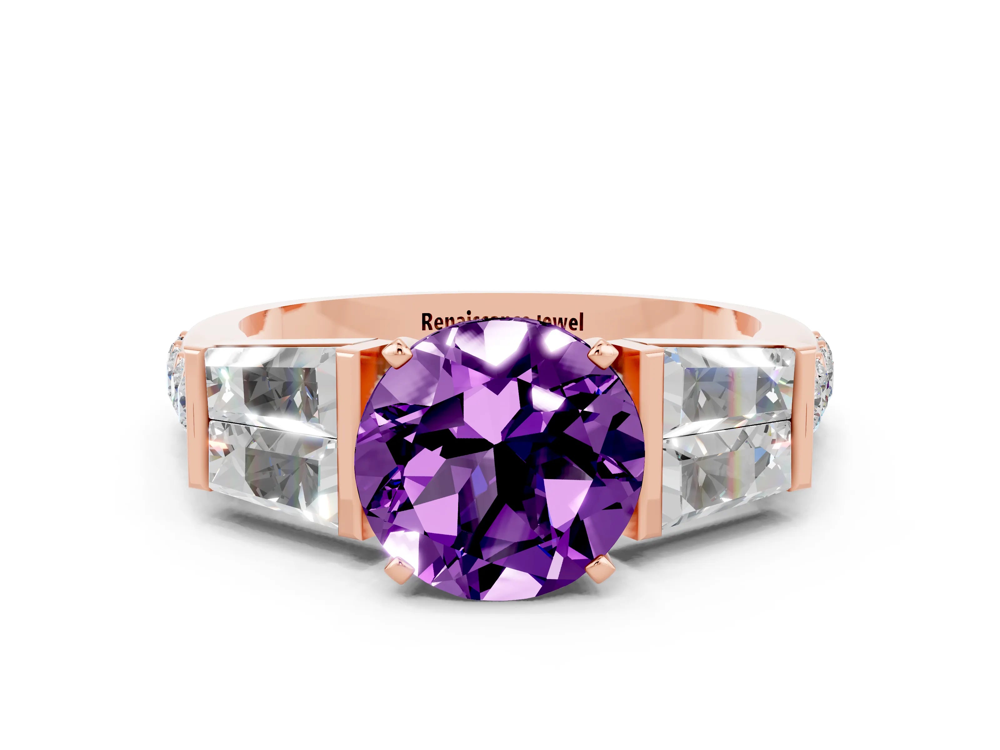 Rose gold Round Cut Amethyst Engagement Ring with Baguette Side Stones and Channel Set Band
