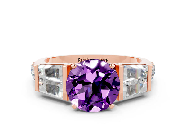 Rose gold Round Cut Amethyst Engagement Ring with Baguette Side Stones and Channel Set Band