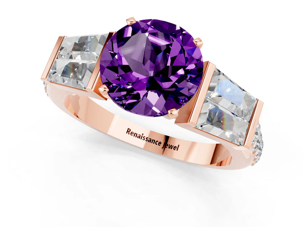 Rose gold Round Cut Amethyst Engagement Ring with Baguette Side Stones and Channel Set Band