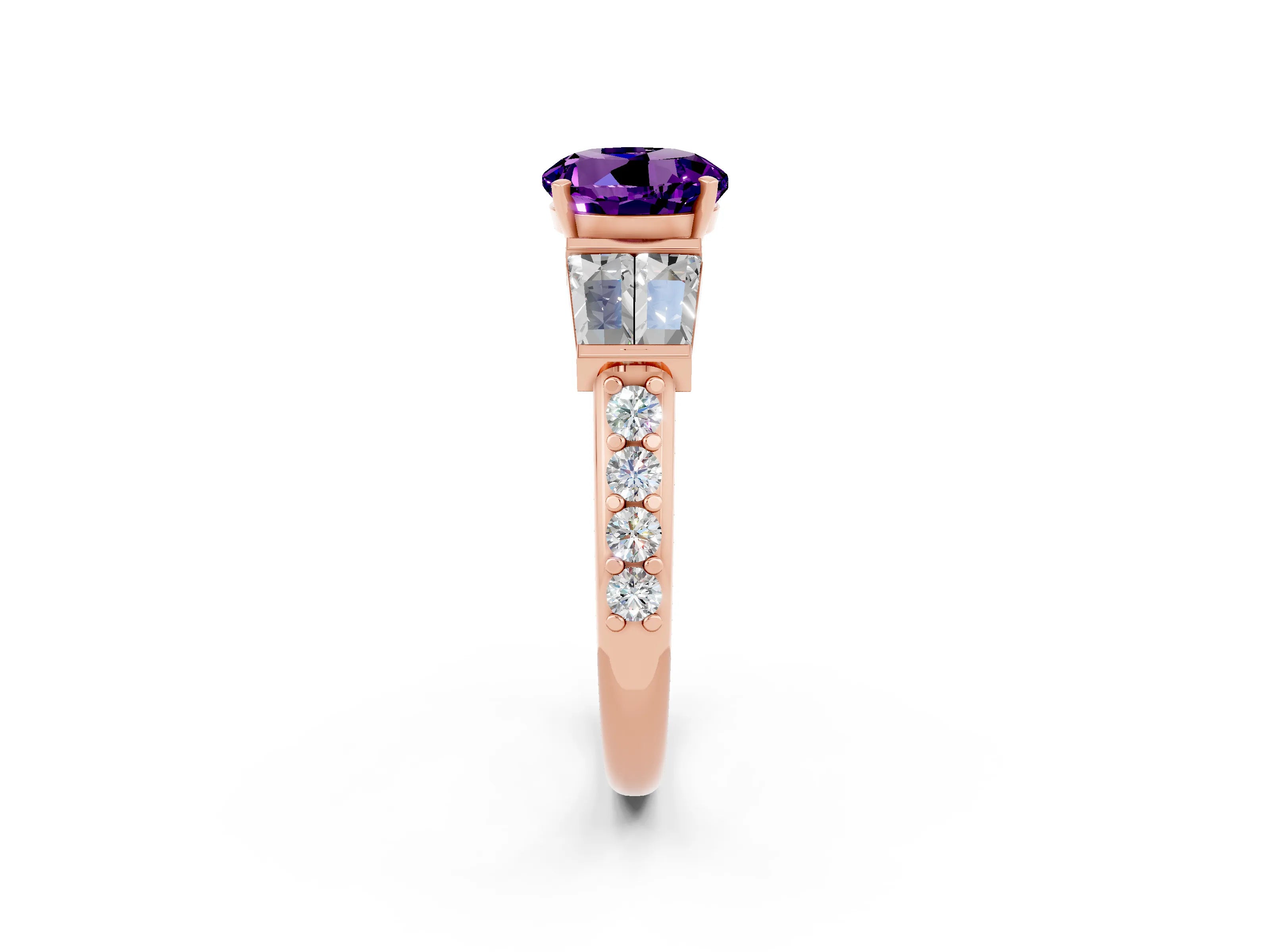 Rose gold Round Cut Amethyst Engagement Ring with Baguette Side Stones and Channel Set Band_2
