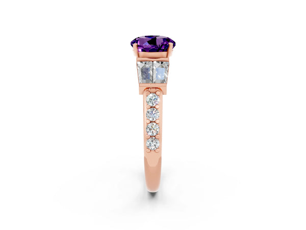 Rose gold Round Cut Amethyst Engagement Ring with Baguette Side Stones and Channel Set Band