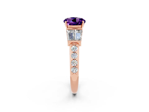Rose gold Round Cut Amethyst Engagement Ring with Baguette Side Stones and Channel Set Band_2