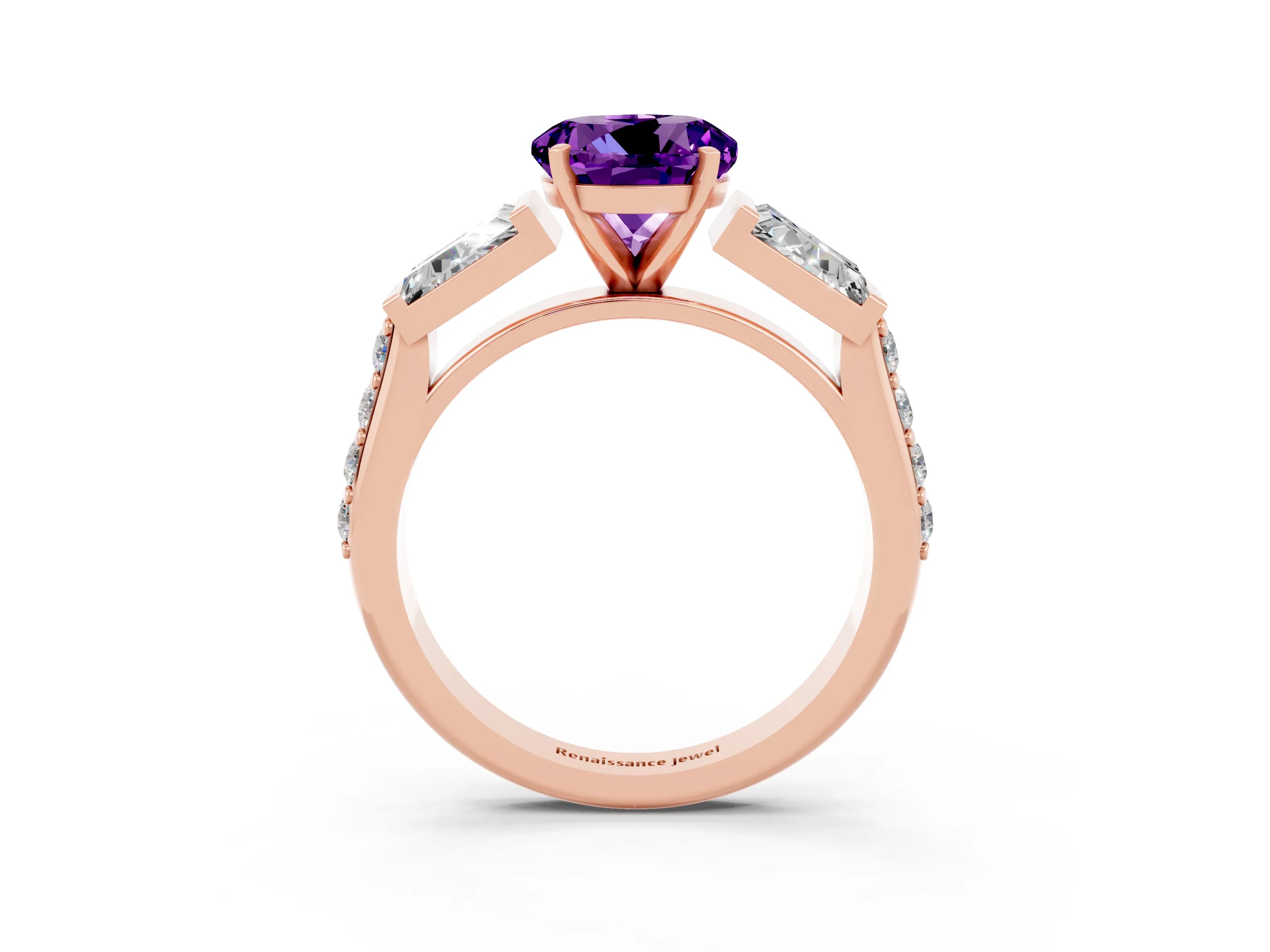 Rose gold Round Cut Amethyst Engagement Ring with Baguette Side Stones and Channel Set Band_3