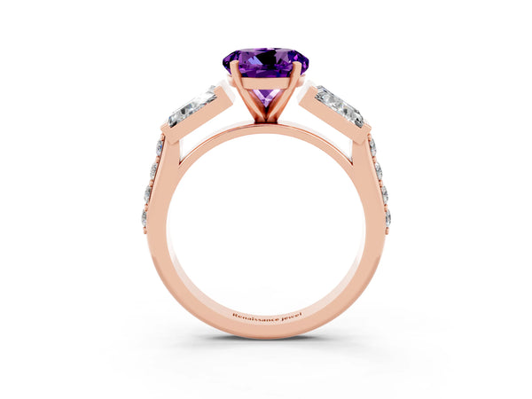 Rose gold Round Cut Amethyst Engagement Ring with Baguette Side Stones and Channel Set Band