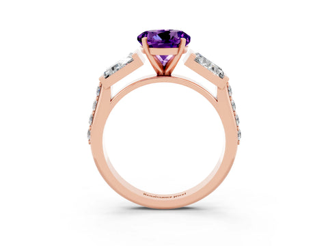 Rose gold Round Cut Amethyst Engagement Ring with Baguette Side Stones and Channel Set Band_3