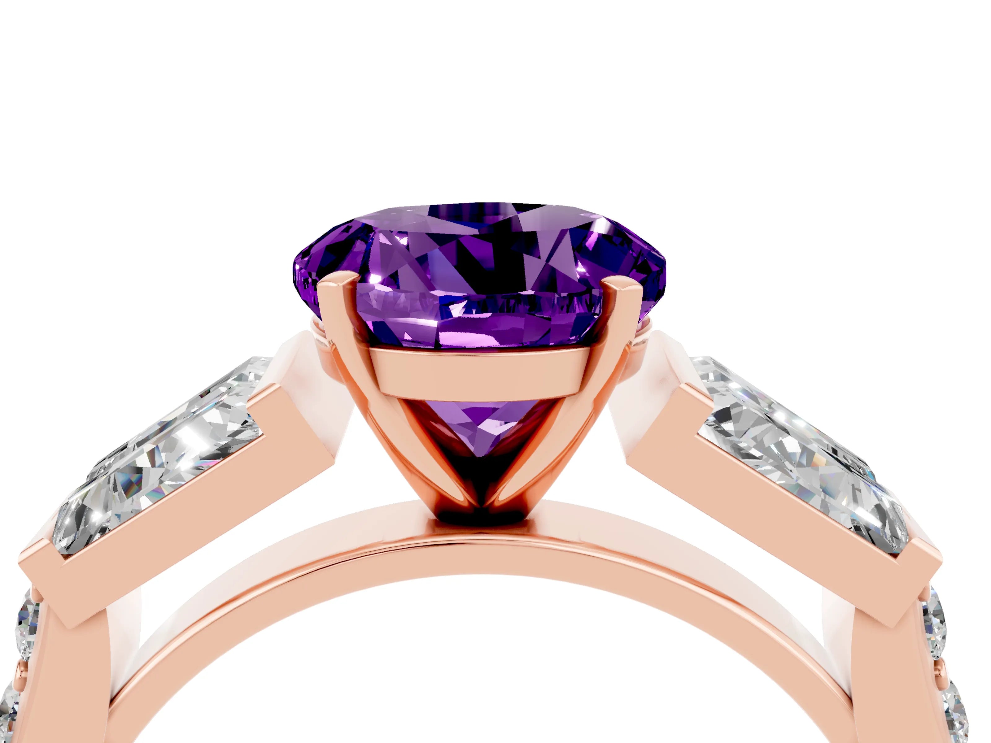 Rose gold Round Cut Amethyst Engagement Ring with Baguette Side Stones and Channel Set Band_4