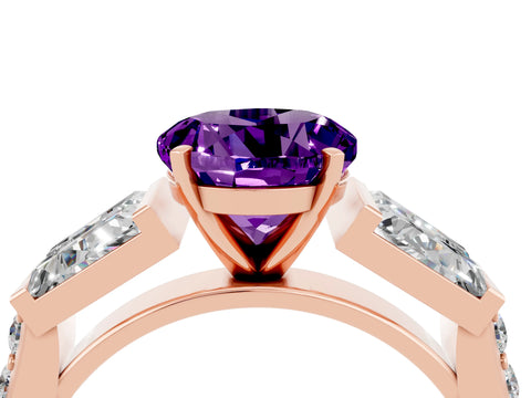Rose gold Round Cut Amethyst Engagement Ring with Baguette Side Stones and Channel Set Band_4