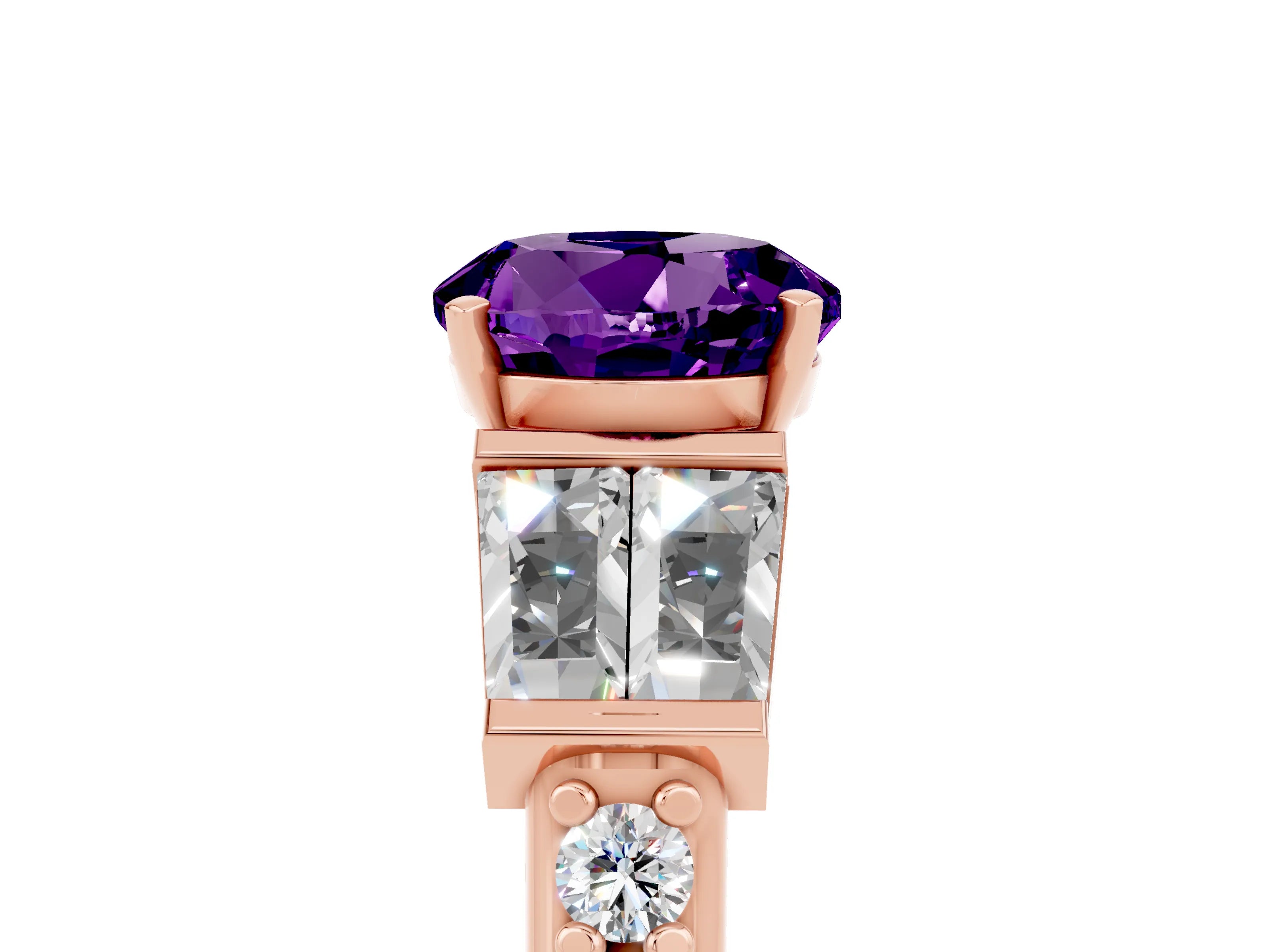 Rose gold Round Cut Amethyst Engagement Ring with Baguette Side Stones and Channel Set Band_5