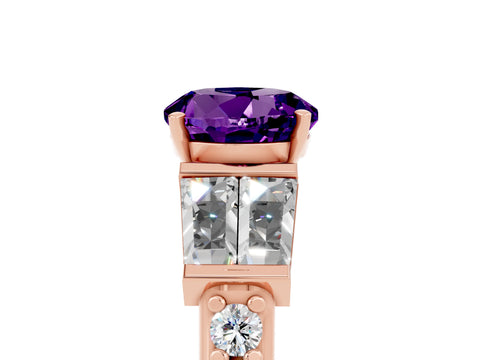 Rose gold Round Cut Amethyst Engagement Ring with Baguette Side Stones and Channel Set Band_5
