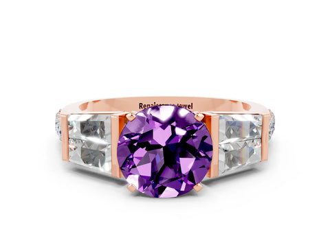 Rose gold Round Cut Amethyst Engagement Ring with Baguette Side Stones and Channel Set Band