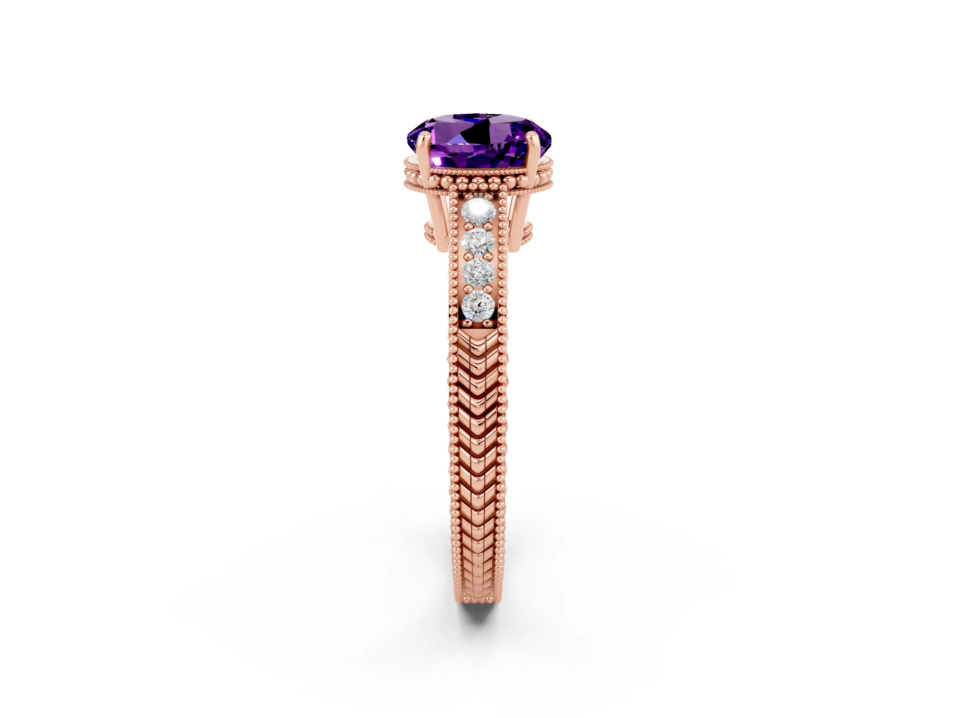 Rose gold Round Cut Amethyst Engagement Ring with Milgrain Channel Set Band and Prong Setting_2