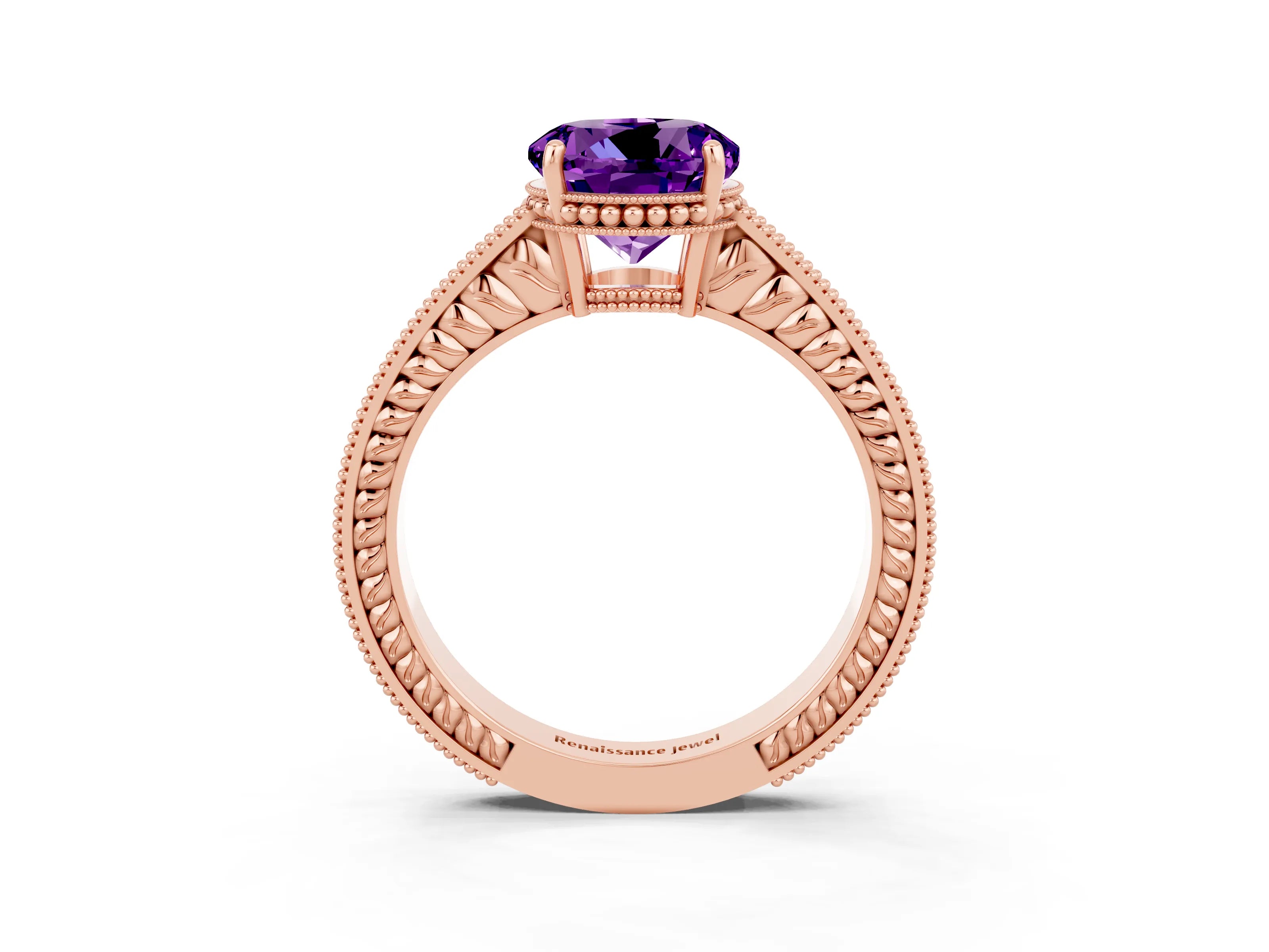 Rose gold Round Cut Amethyst Engagement Ring with Milgrain Channel Set Band and Prong Setting_3