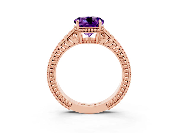 Rose gold Round Cut Amethyst Engagement Ring with Milgrain Channel Set Band and Prong Setting
