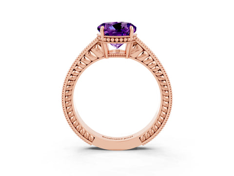 Rose gold Round Cut Amethyst Engagement Ring with Milgrain Channel Set Band and Prong Setting_3