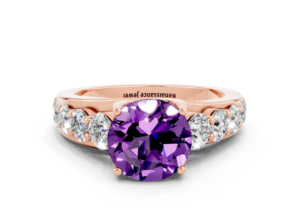 Rose gold Round Cut Amethyst Engagement Ring with Pavé Band and Four-Prong Setting