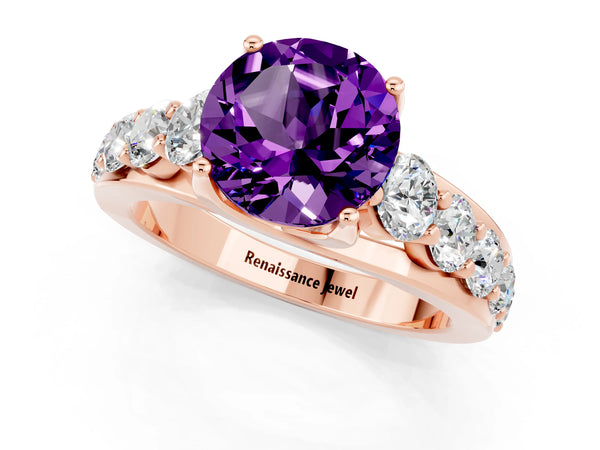Rose gold Round Cut Amethyst Engagement Ring with Pavé Band and Four-Prong Setting