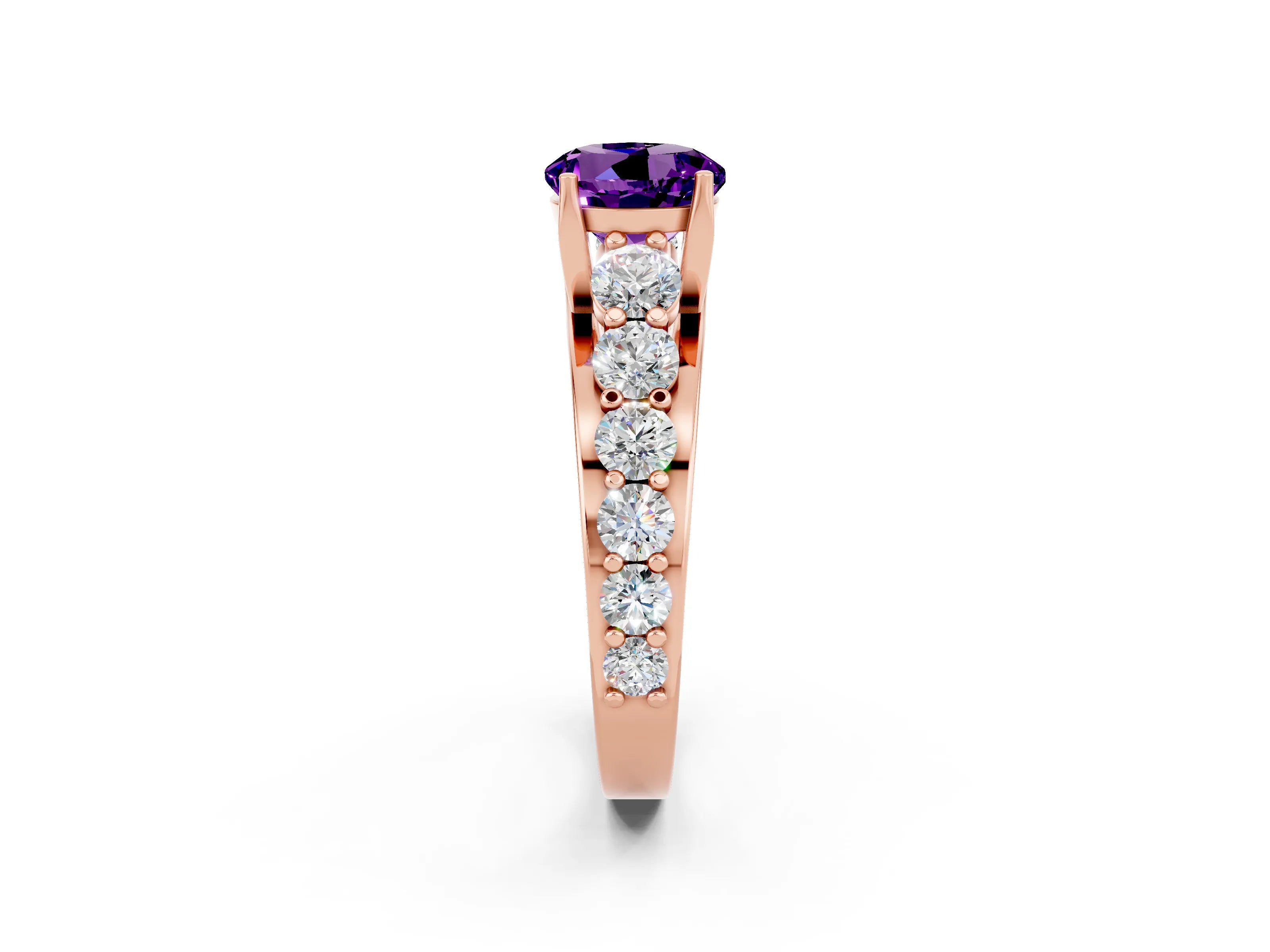 Rose gold Round Cut Amethyst Engagement Ring with Pavé Band and Four-Prong Setting_2