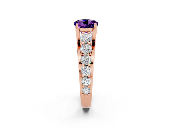 Rose gold Round Cut Amethyst Engagement Ring with Pavé Band and Four-Prong Setting