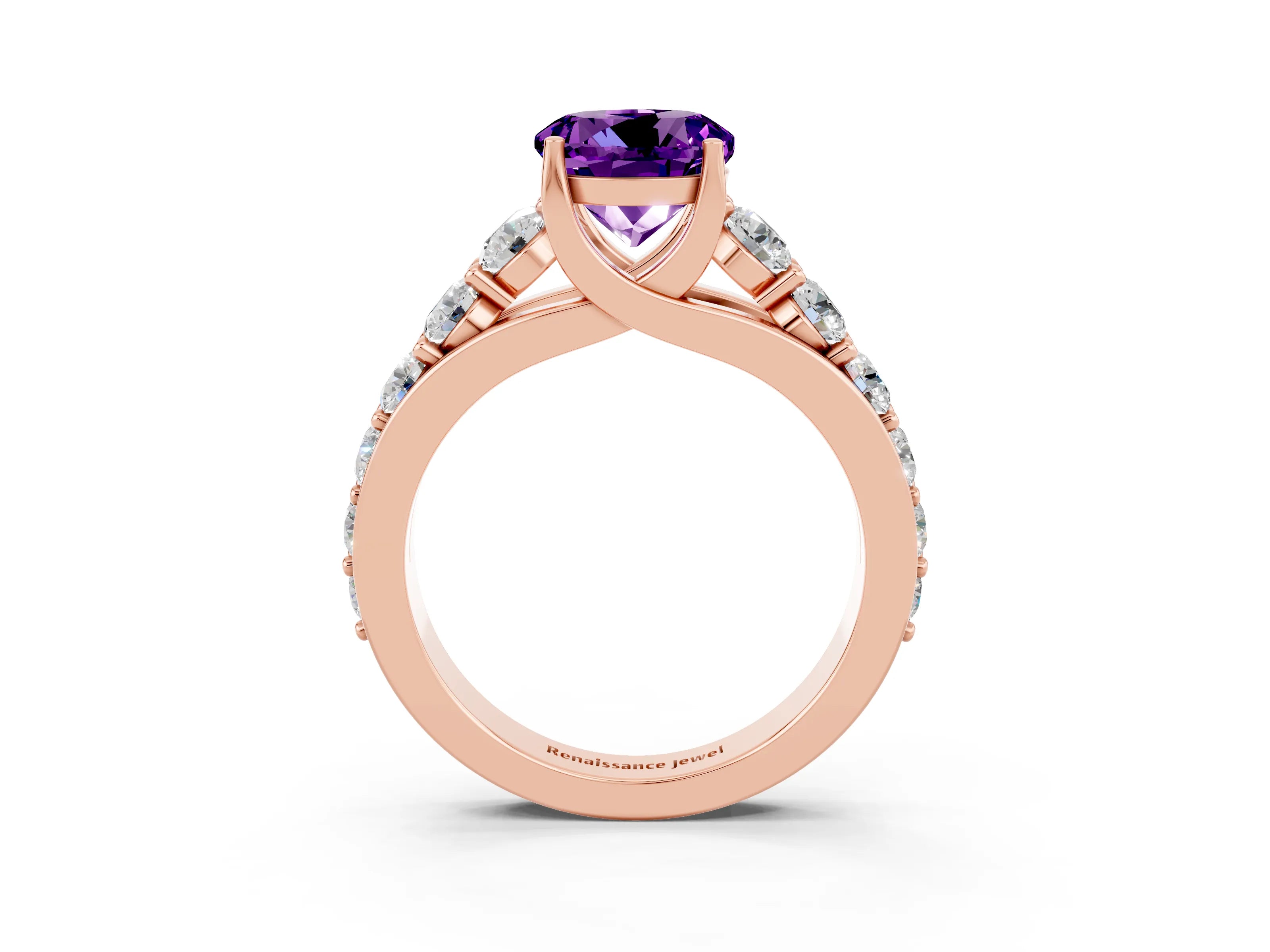 Rose gold Round Cut Amethyst Engagement Ring with Pavé Band and Four-Prong Setting_3