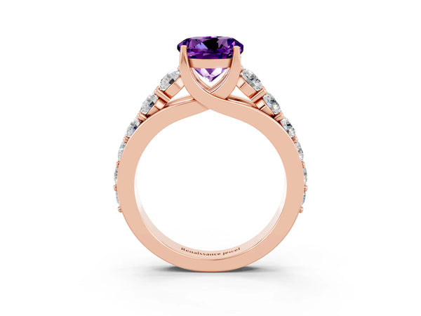 Rose gold Round Cut Amethyst Engagement Ring with Pavé Band and Four-Prong Setting