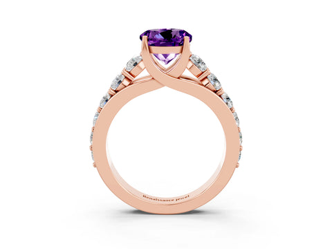 Rose gold Round Cut Amethyst Engagement Ring with Pavé Band and Four-Prong Setting_3