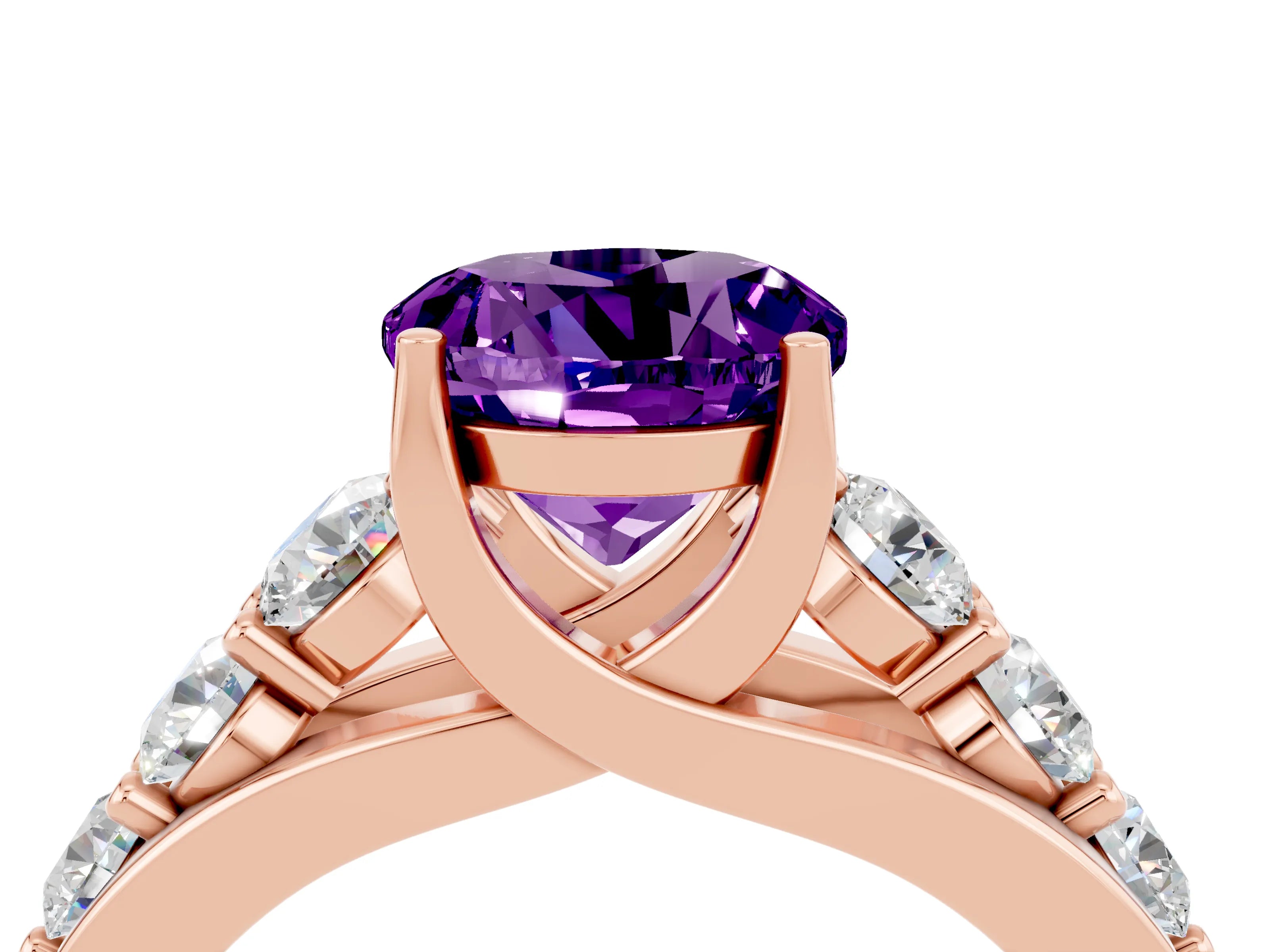 Rose gold Round Cut Amethyst Engagement Ring with Pavé Band and Four-Prong Setting_4