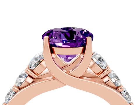 Rose gold Round Cut Amethyst Engagement Ring with Pavé Band and Four-Prong Setting_4