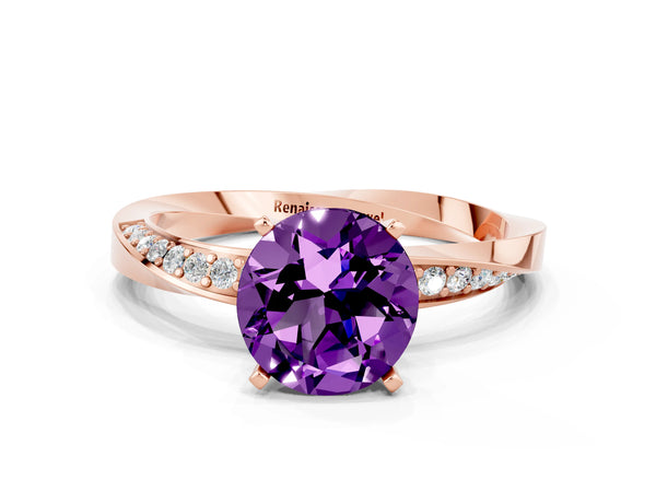 Rose gold Round Cut Amethyst Engagement Ring with Side Stone Accents and Four-Prong Setting