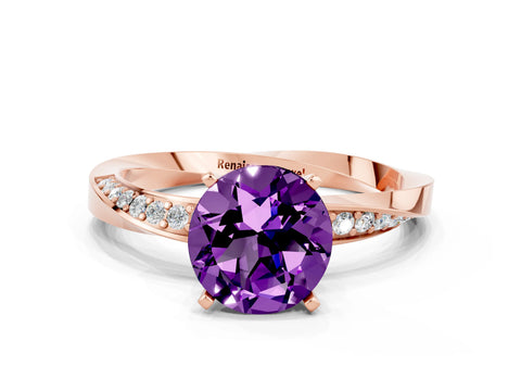 Rose gold Round Cut Amethyst Engagement Ring with Side Stone Accents and Four-Prong Setting_27