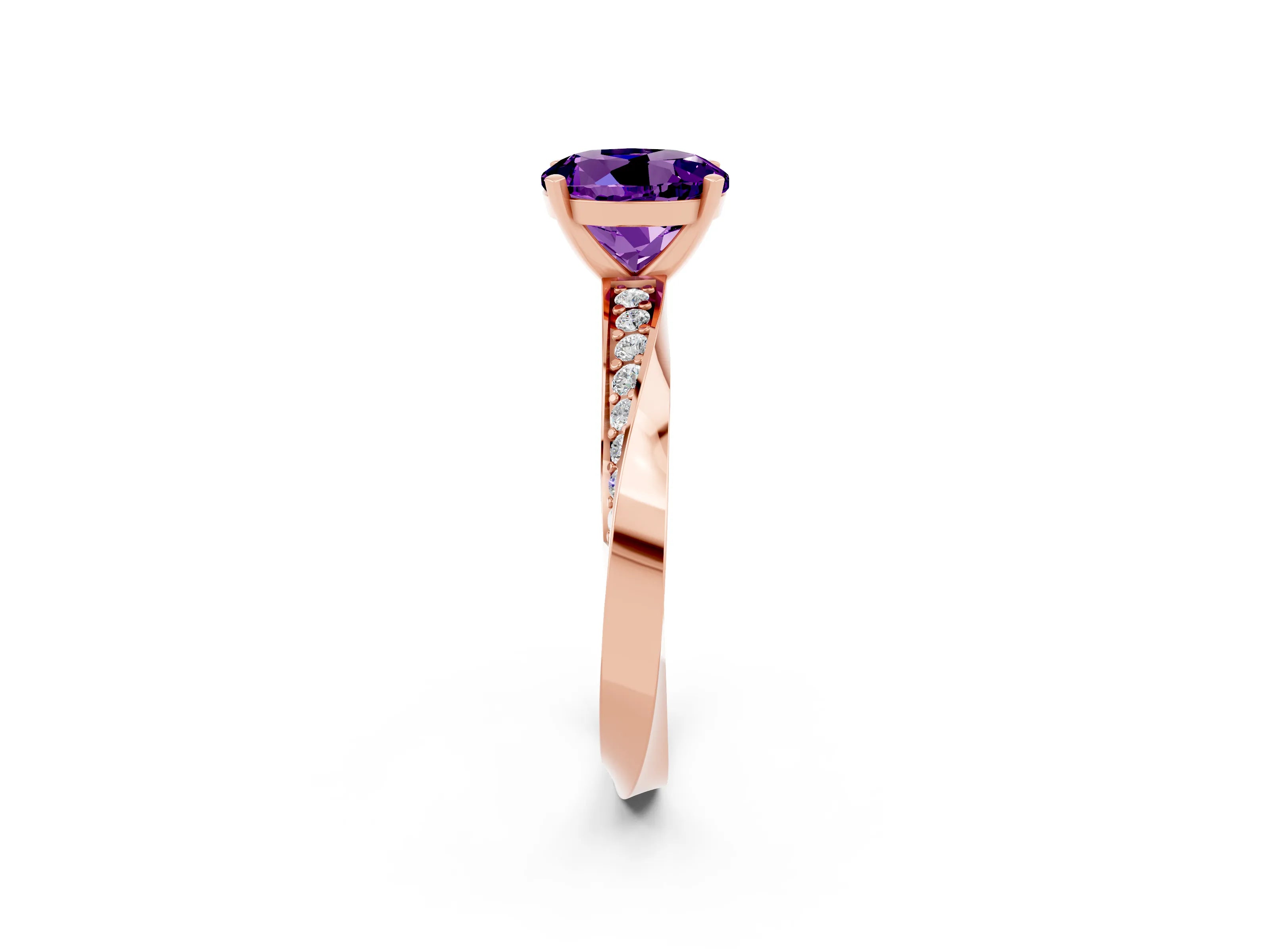 Rose gold Round Cut Amethyst Engagement Ring with Side Stone Accents and Four-Prong Setting_29