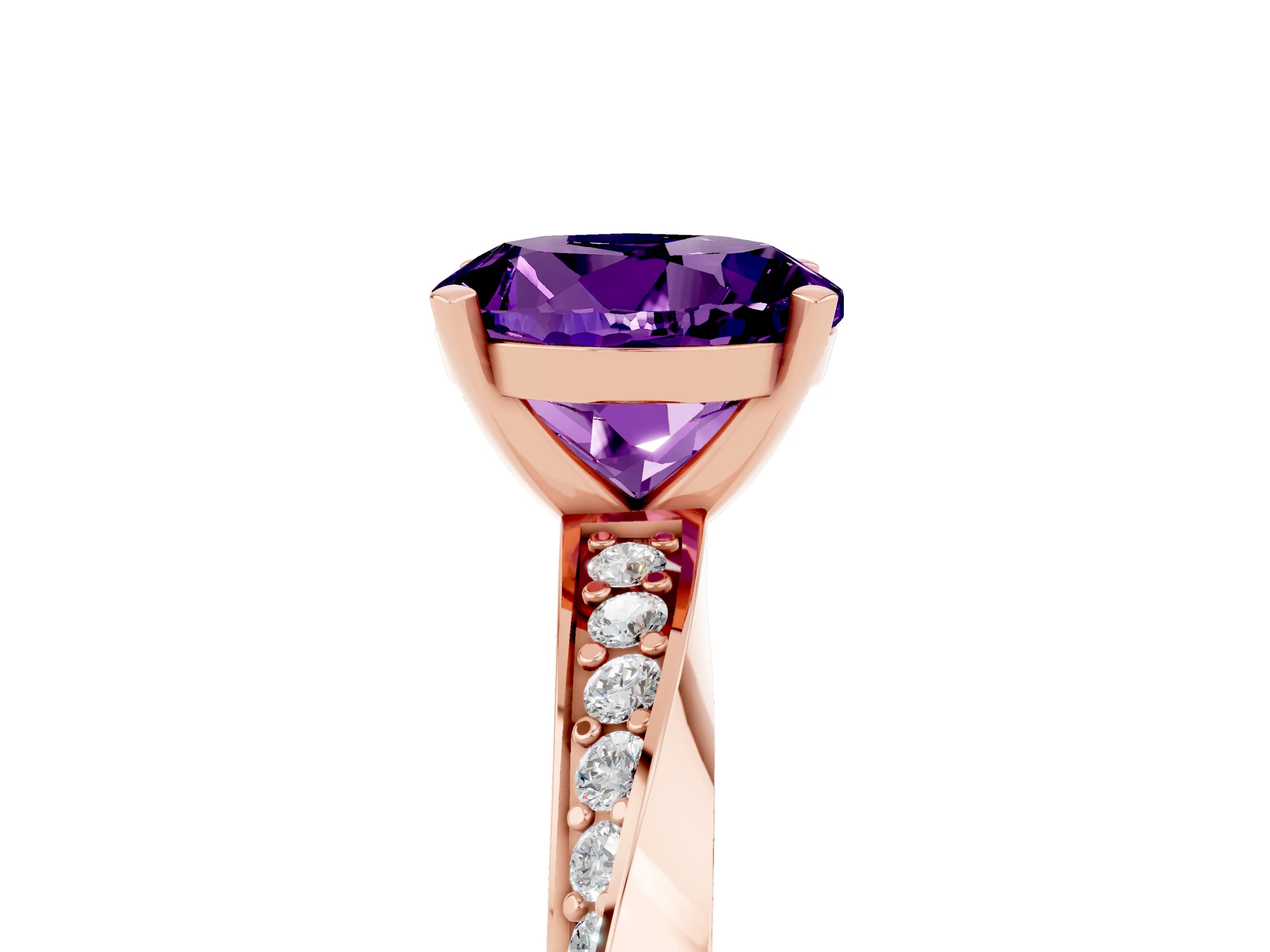 Rose gold Round Cut Amethyst Engagement Ring with Side Stone Accents and Four-Prong Setting_32