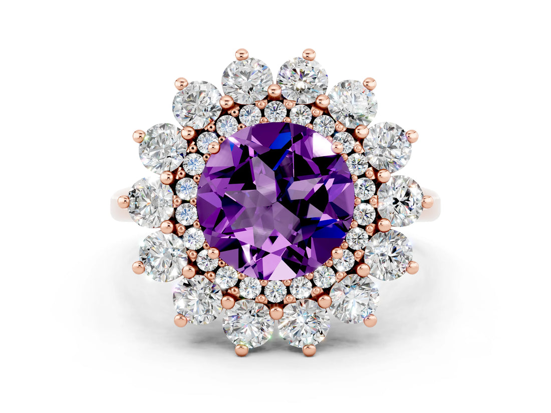 Rose gold Round Cut Amethyst Floral Double Halo Engagement Ring with Prong Setting_60