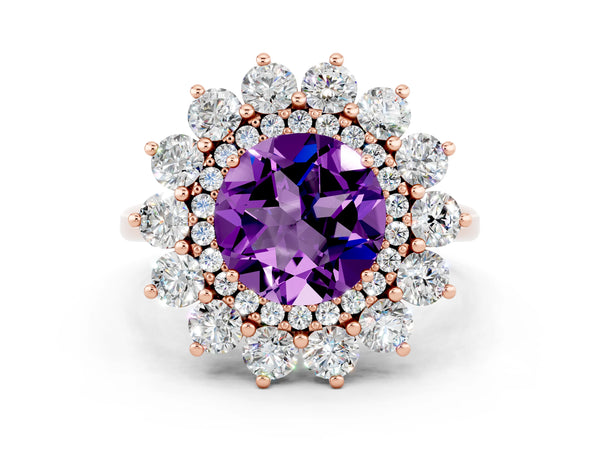 Rose gold Round Cut Amethyst Floral Double Halo Engagement Ring with Prong Setting