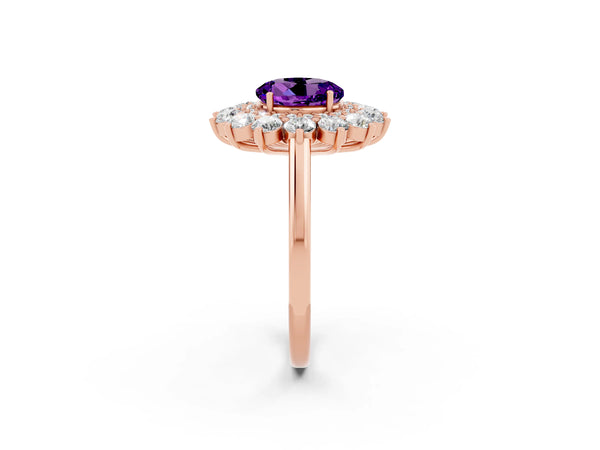 Rose gold Round Cut Amethyst Floral Double Halo Engagement Ring with Prong Setting