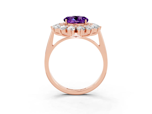 Rose gold Round Cut Amethyst Floral Double Halo Engagement Ring with Prong Setting