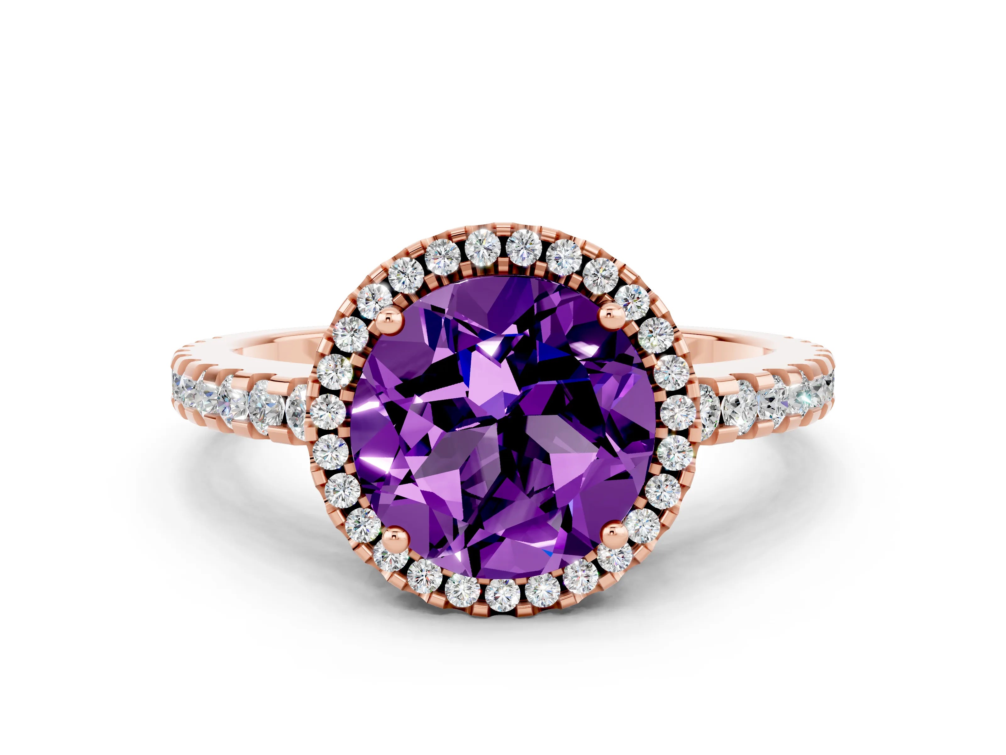 Rose gold Round Cut Amethyst Halo Engagement Ring with Pavé Band and Prong Setting_12