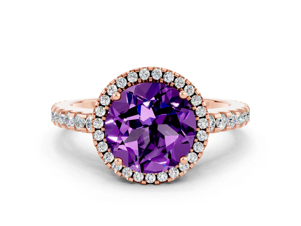 Rose gold Round Cut Amethyst Halo Engagement Ring with Pavé Band and Prong Setting