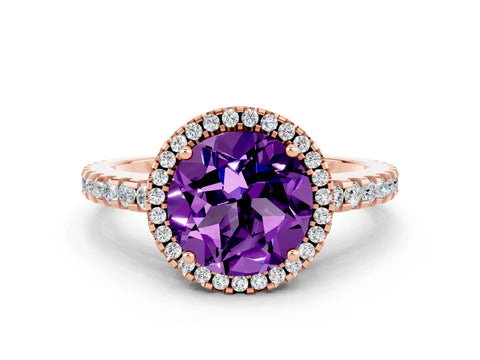 Rose gold Round Cut Amethyst Halo Engagement Ring with Pavé Band and Prong Setting_12