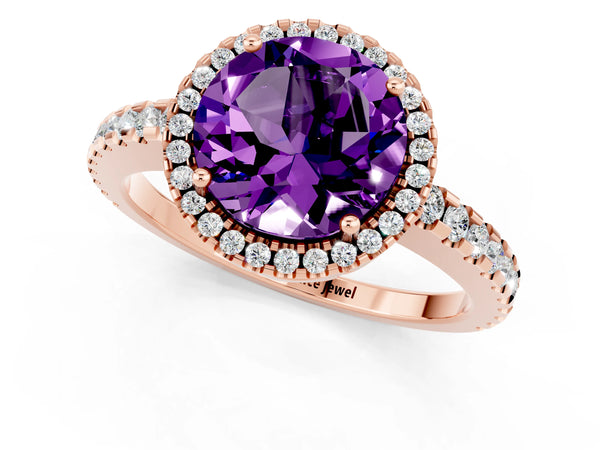 Rose gold Round Cut Amethyst Halo Engagement Ring with Pavé Band and Prong Setting