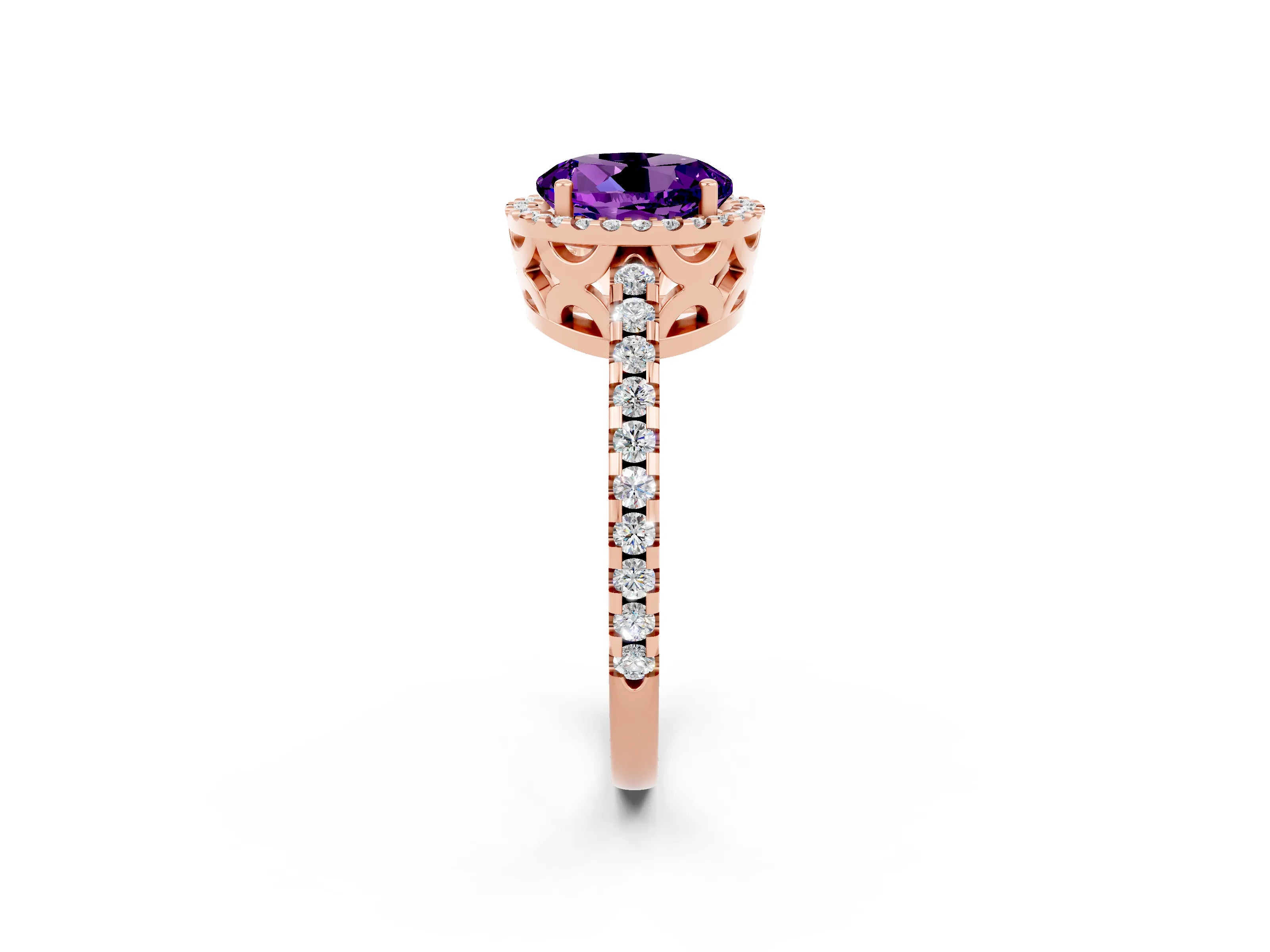 Rose gold Round Cut Amethyst Halo Engagement Ring with Pavé Band and Prong Setting_14