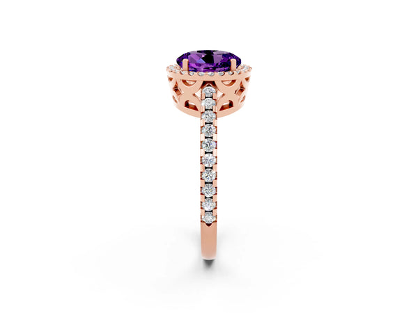 Rose gold Round Cut Amethyst Halo Engagement Ring with Pavé Band and Prong Setting