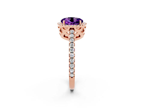 Rose gold Round Cut Amethyst Halo Engagement Ring with Pavé Band and Prong Setting_14