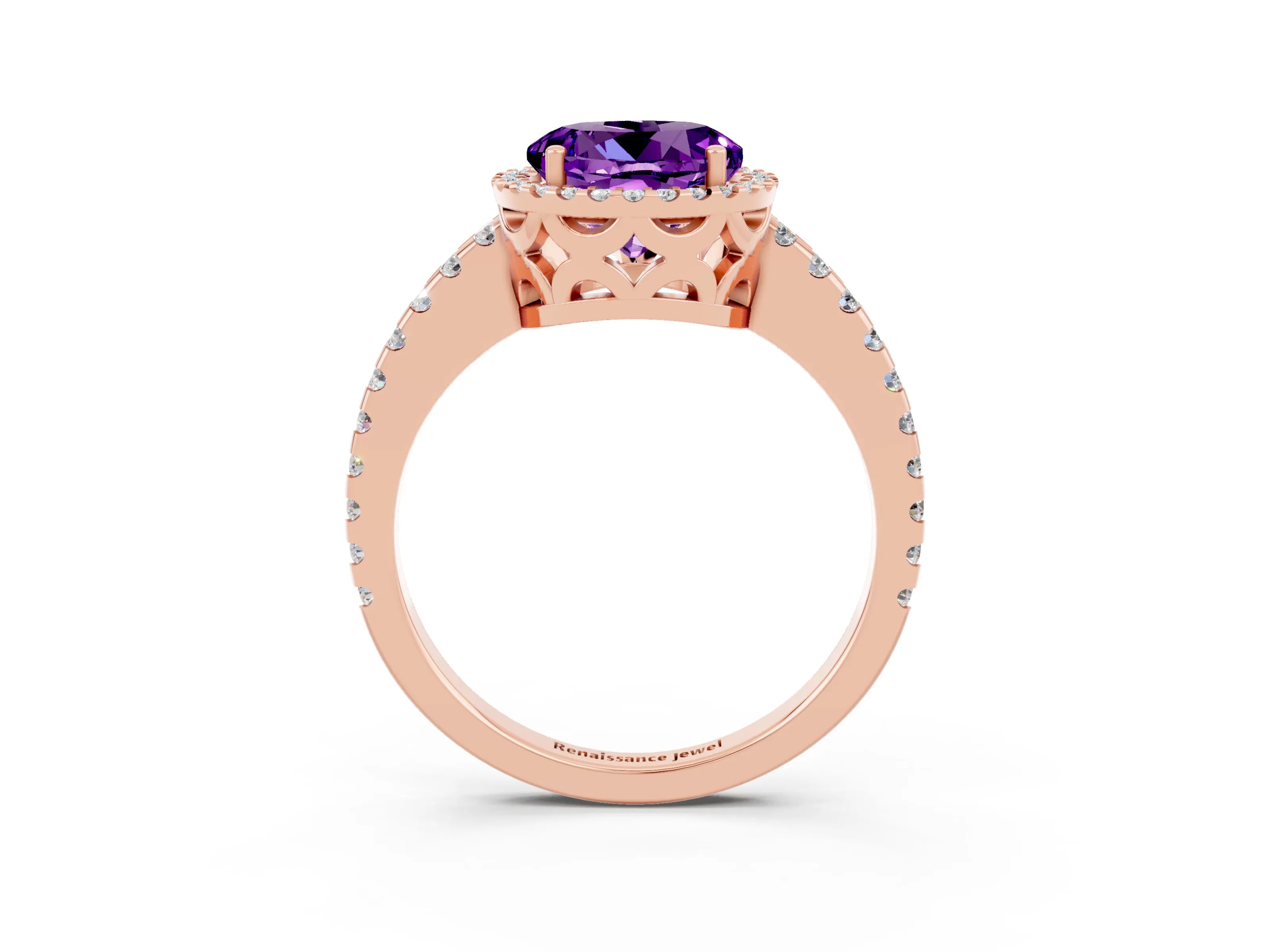 Rose gold Round Cut Amethyst Halo Engagement Ring with Pavé Band and Prong Setting_15