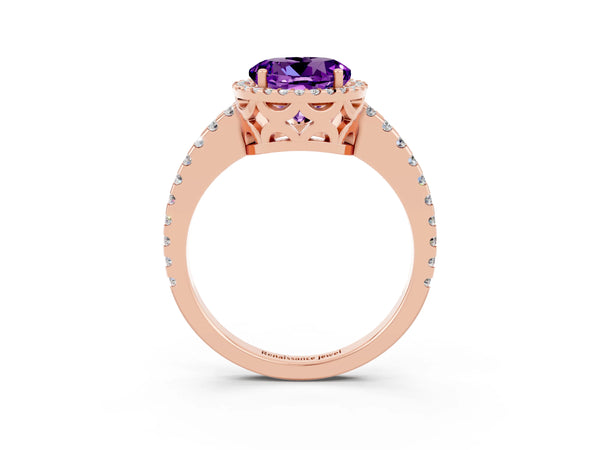 Rose gold Round Cut Amethyst Halo Engagement Ring with Pavé Band and Prong Setting