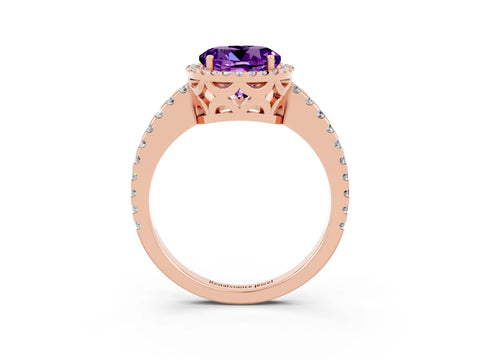 Rose gold Round Cut Amethyst Halo Engagement Ring with Pavé Band and Prong Setting_15